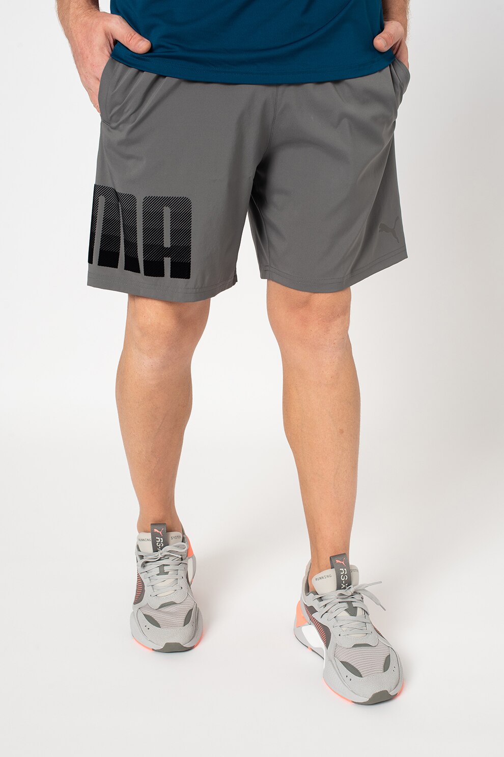 Puma, Pantaloni scurti tesuti, cu logo, pentru fitness Collective, Gri carbune, S