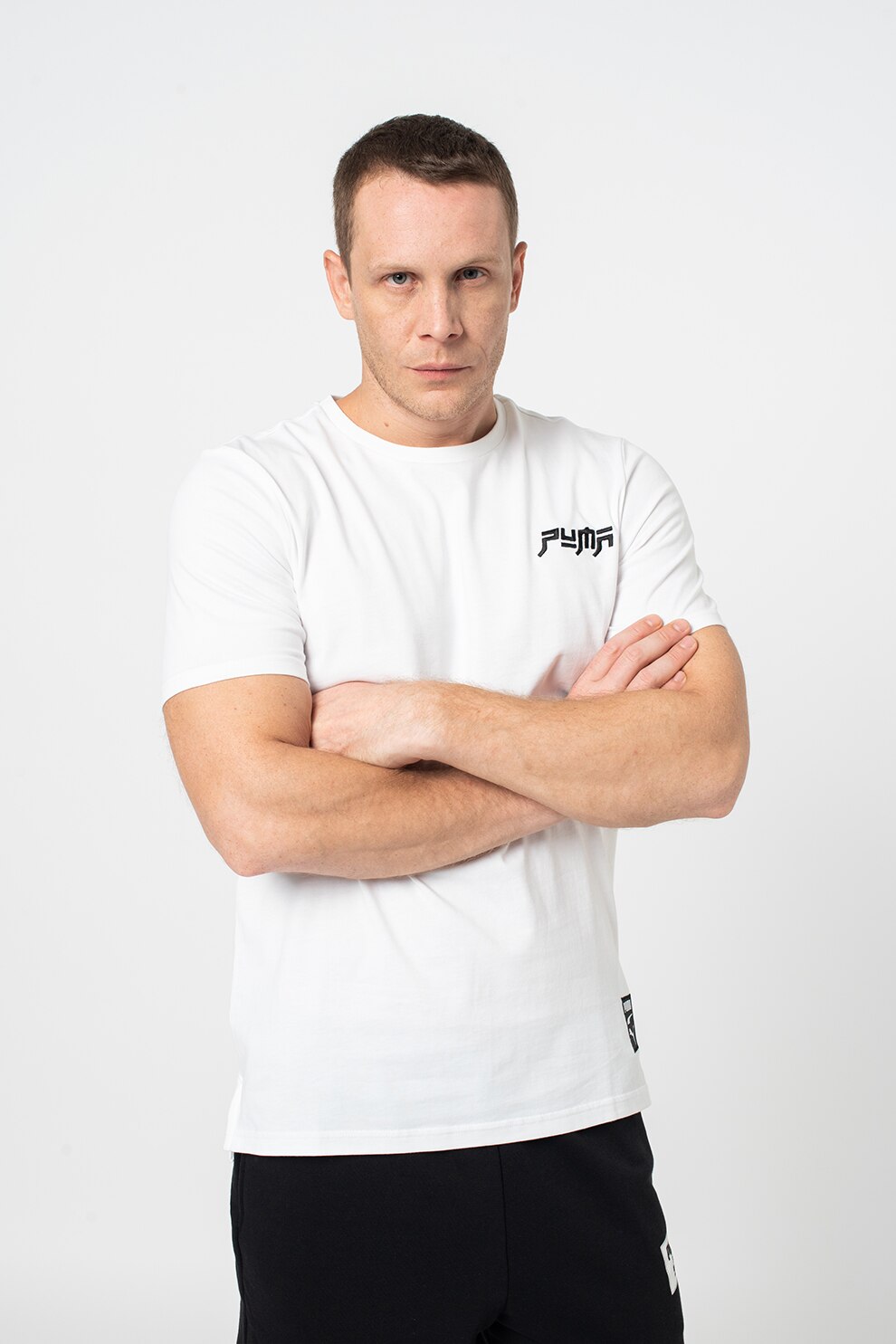 Puma, Tricou cu decolteu rotund si logo Blockhead, Alb optic, M