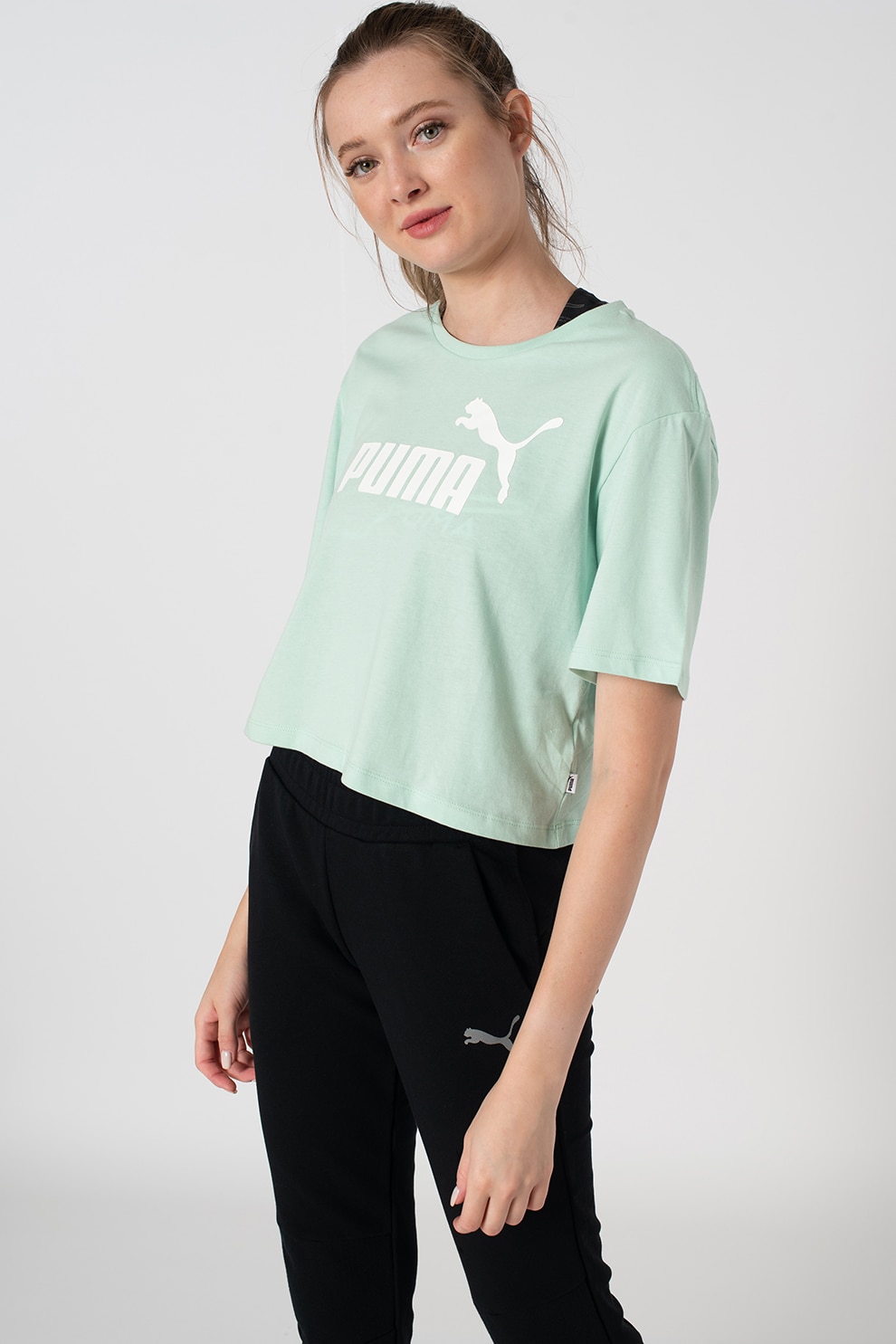 Puma, Top crop relaxed fit cu logo Essentials, Verde pal, L