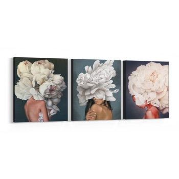 Set Tablouri Canvas 3 piese, Femei cu Fata de Bujori, 180 x 60 cm Set Tablouri Canvas 3 piese, Femei cu Fata de Bujori, 180 x 60 cm