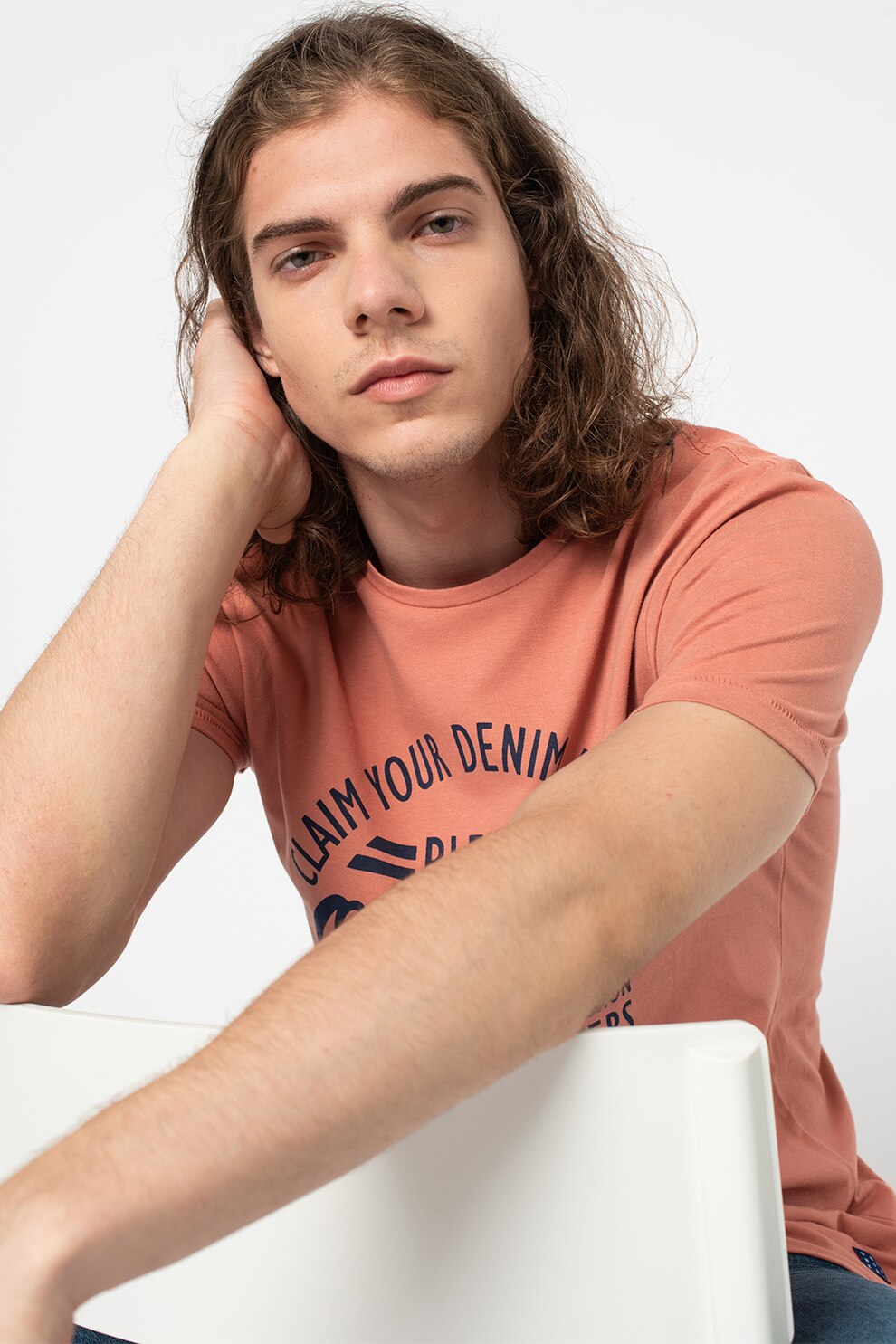 BLEND, Tricou slim fit cu imprimeu, Oranj pal/Bleumarin