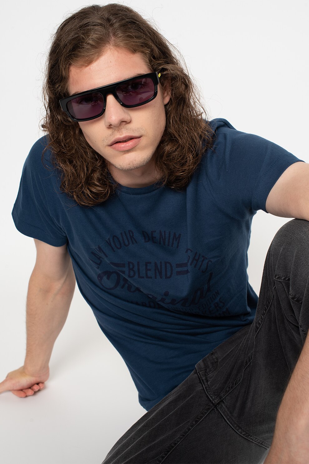 BLEND, Tricou slim fit cu imprimeu, Albastru inchis