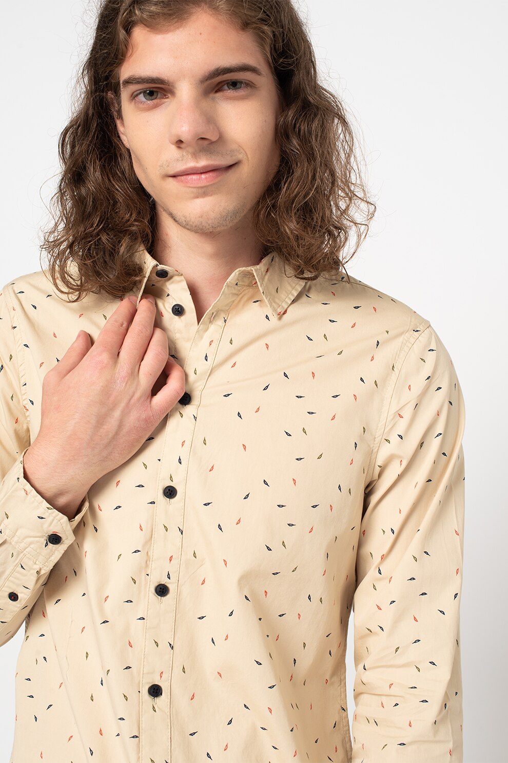 BLEND, Camasa din bumbac cu imprimeu, Maro nisip