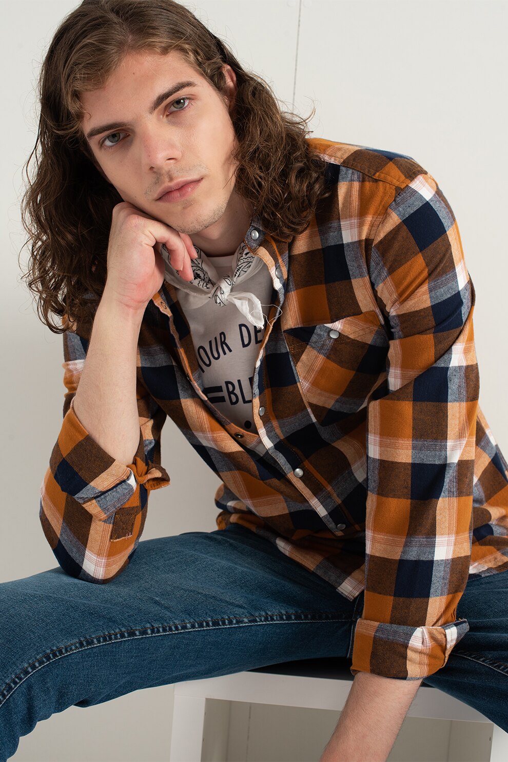 BLEND, Camasa cu maneci lungi si model in carouri, Oranj pal/Bleumarin