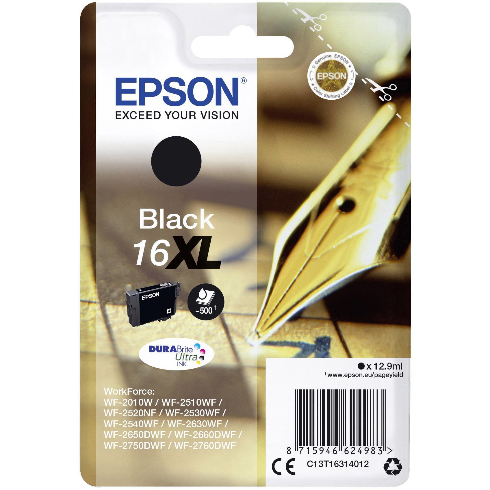 Cartus cerneala Epson Black capacitate mare 16XL T1631 pentru WorkForce WF-2010W / WorkForce WF-2510WF / WorkForce WF-2530WF / WorkForce WF-2630WF / WorkForce WF-2750DWF, 500 pagini OEM C13T16314010