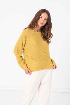 ICHI, Pulover din amestec de lana cu decolteu rotund, Galben mustar ICHI, Pulover din amestec de lana cu decolteu rotund, Galben mustar