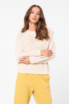 ICHI, Pulover din amestec de lana cu decolteu rotund, Maro nisip ICHI, Pulover din amestec de lana cu decolteu rotund, Maro nisip