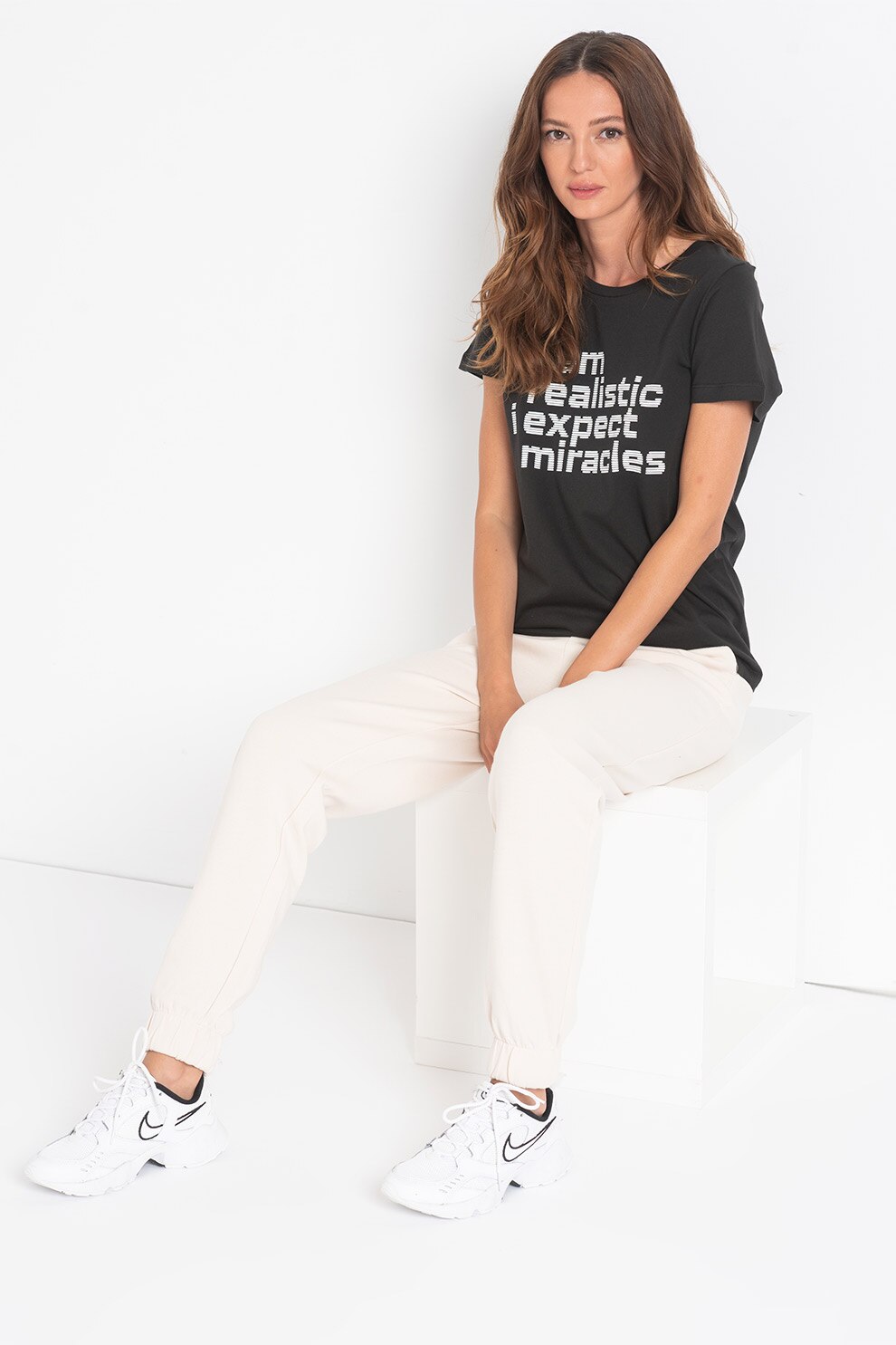 ICHI, Pantaloni sport conici cu buzunare oblice, Maro nisip