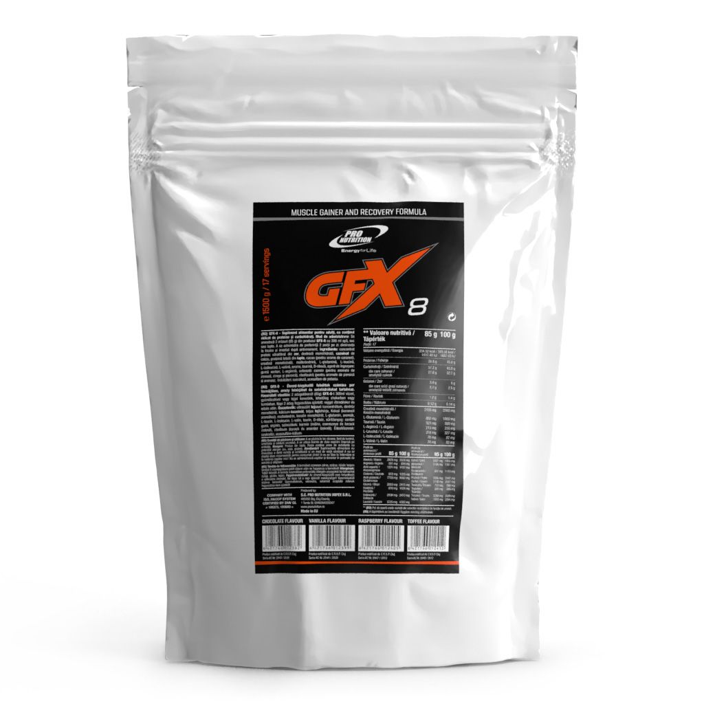 Gainer pentru dezvoltare musculara, GFX-8 ciocolata, 1500g punga zip