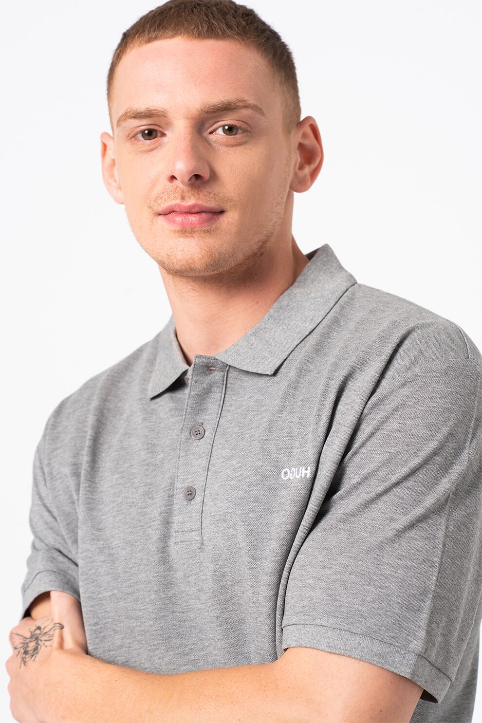 HUGO, Tricou polo din pique cu logo mic brodat Donos, Gri melange, 2XL