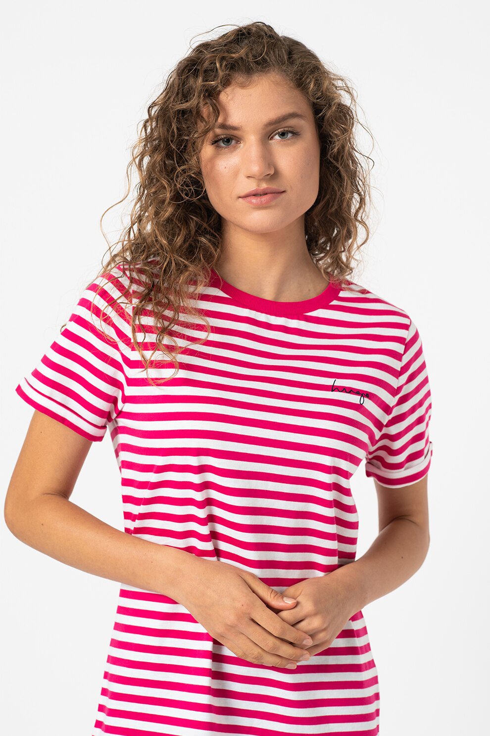 HUGO, Tricou slim fit cu dungi, Fucsia/Alb, L