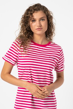 HUGO, Tricou slim fit cu dungi, Fucsia/Alb, L HUGO, Tricou slim fit cu dungi, Fucsia/Alb, L
