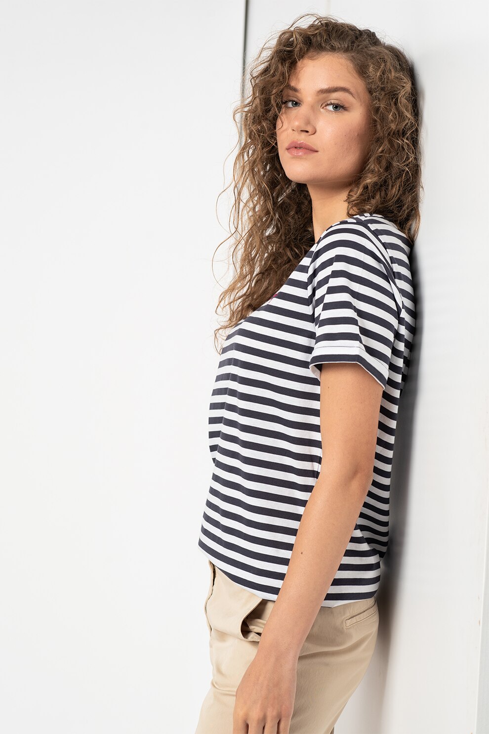 HUGO, Tricou slim fit cu dungi, Alb/Bleumarin inchis, L