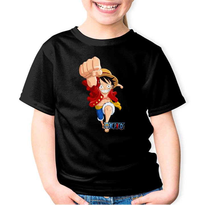 Gyerek Póló One Piece Monkey D Luffy Szalmakalap Anime, Fekete