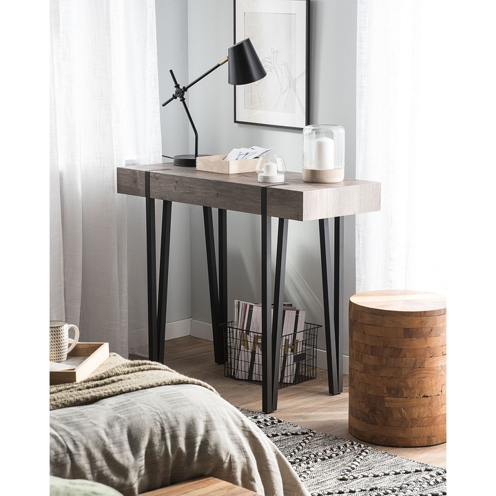 Konzol Asztal Sötét Fa Asztallap Fekete Fém Lábak 100 x 40 cm Téglalap Alakú Indusztriál Stílus