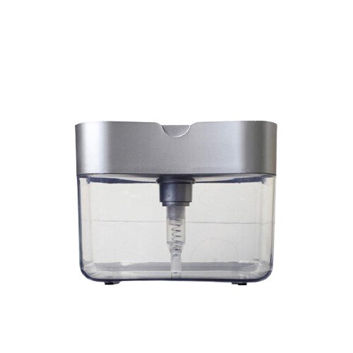 Set Dozator 2 in 1 pentru detergent lichid de vase cu burete de bucatarie, plastic, argintiu/transparent, 14 x 10.5 cm