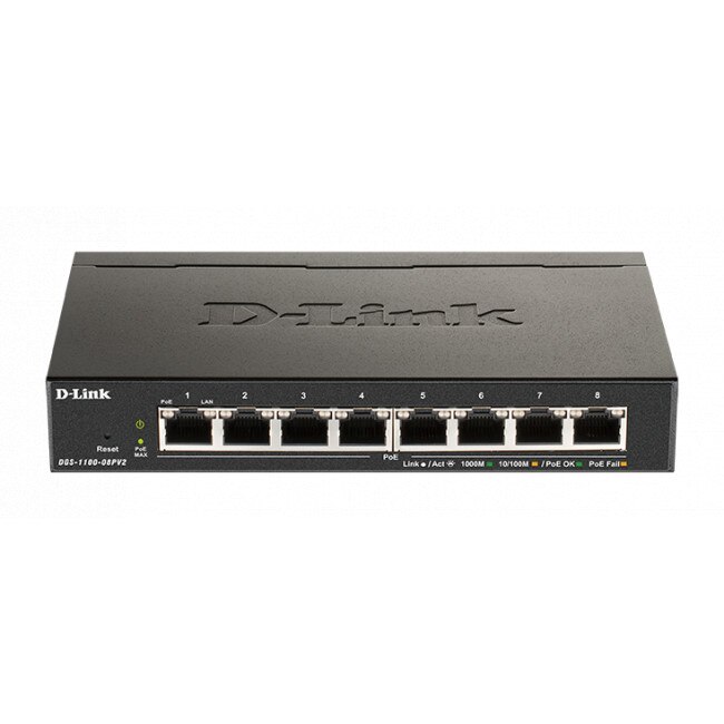 Switch D-Link DGS-1100-08PV2, 8 porturi PoE 10/100/1000 Comutator inteligent Gigabit, controlabil, pentru montarea dulapului
