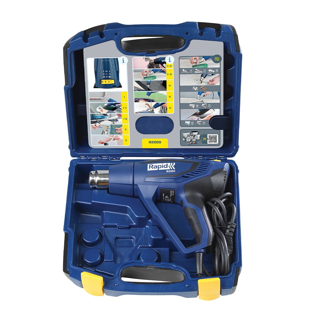 Set suflanta aer cald Rapid R2000 si servieta plastic rigida, putere 2000 W, debit 450 l/min, reglare debit aer in 3 trepte, temperatura 60°C/600°C, protectie la supra incalzire, 5001352