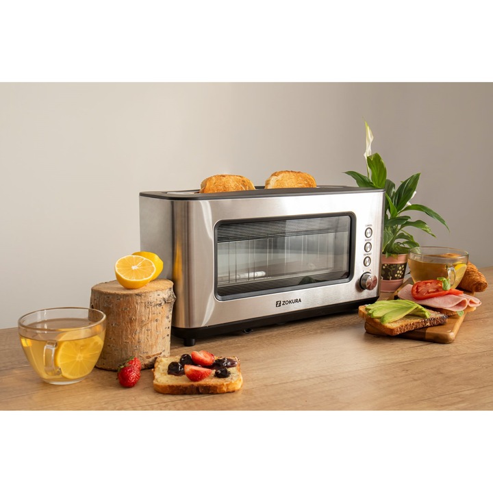 Prajitor de paine 2 felii cu fereastra din sticla, 1200W - Zokura