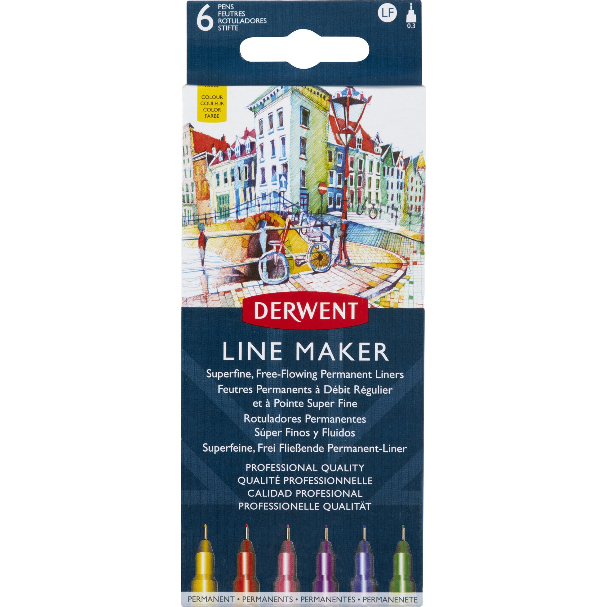 Set 6 linere Derwent Professional, 0.3 mm, varf subtire si uscare rapida, caliatate premium, diverse culori