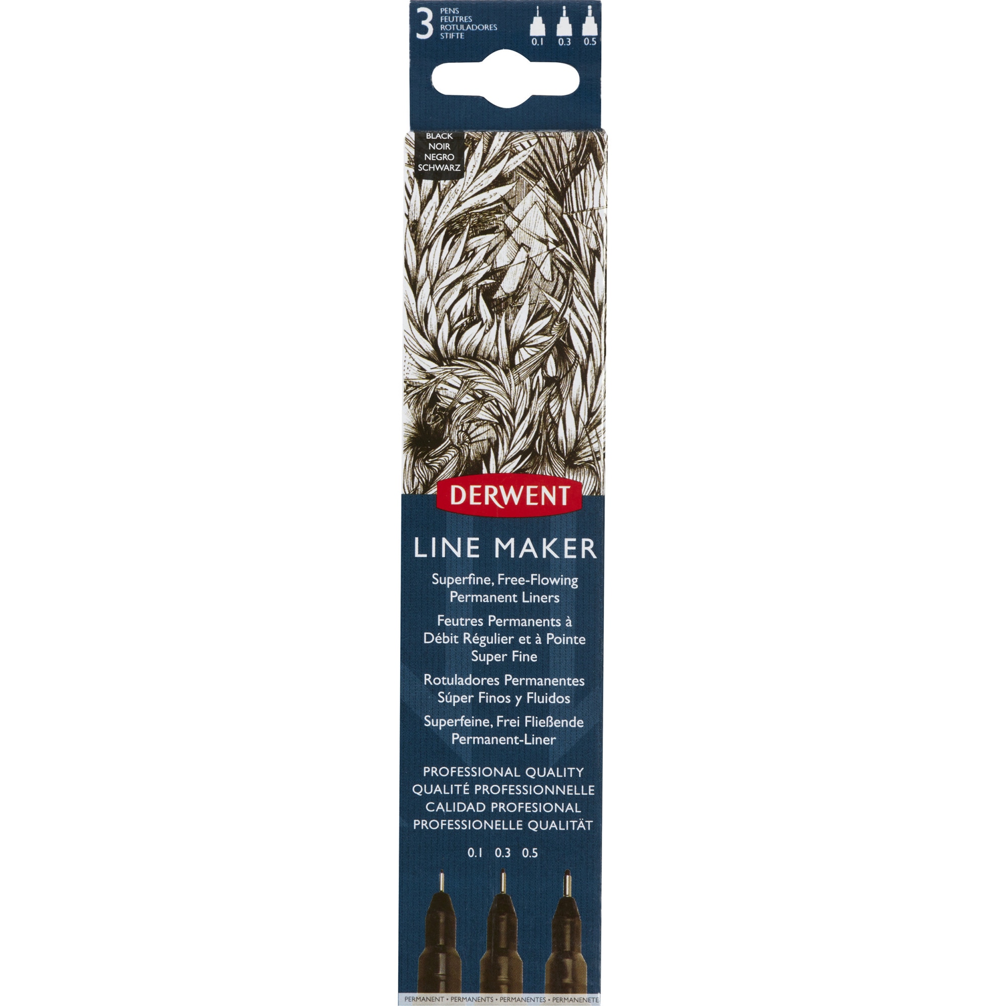 Set 3 linere Derwent Professional, dimensiuni diferite (0.1-0.3-0.5 mm), varf subtire si uscare rapida, calitate premium, negru