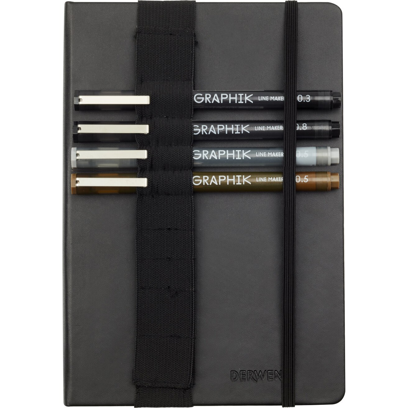 Set pentru schite Derwent Professional, include caiet A5 cu inchidere elastica, 80 coli, 140g si 4 linere pe baza de apa, diverse culori