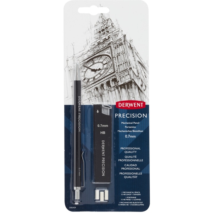 Creion mecanic metalic Derwent Professional, HB 0.7 mm, calitate premium, rezerve mine si radiere incluse, negru