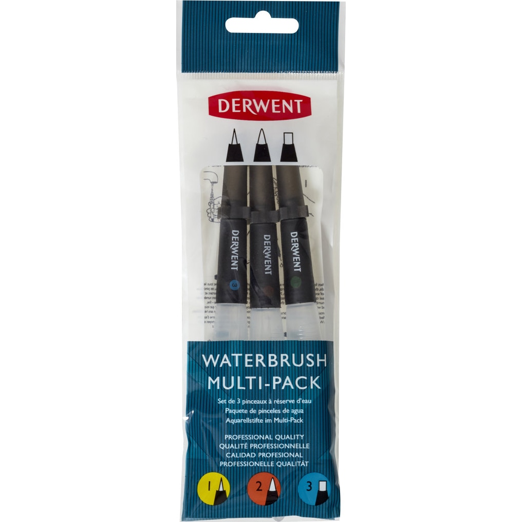 Set 3 pensule cu rezervor de apa Derwent Professional, calitate premium, varf fin, mediu si tip dalta