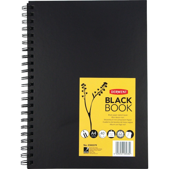Caiet pentru desen, schite si album foto Derwent Professional, hartie neagra, A4, cu spira, 40 coli, 200g, calitate premium, negru