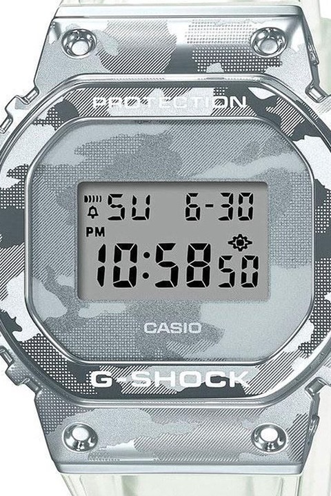 Casio, Електронен часовник G-Shock с камуфлажна каишка, Прозрачен / сребрист
