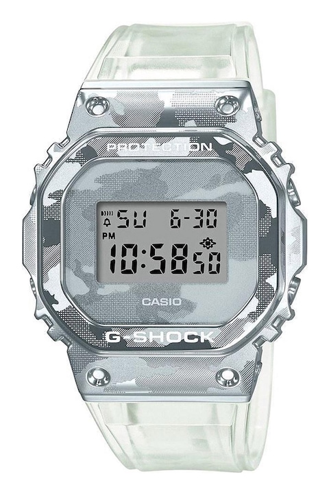 Casio, Електронен часовник G-Shock с камуфлажна каишка, Прозрачен / сребрист