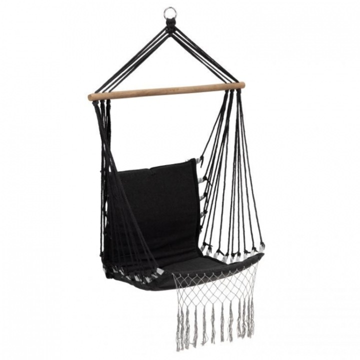 Brazil Hammock függesztett szék udvarra vagy kertre, rojtokkal, teherbírás 120kg, 50x50cm, fekete