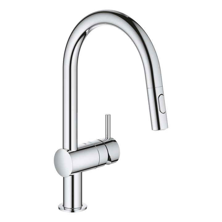 Baterie de bucatarie Grohe Minta 30348001, 3/8'', tip C, pipa inalta, pivotanta, dus extractabil, crom
