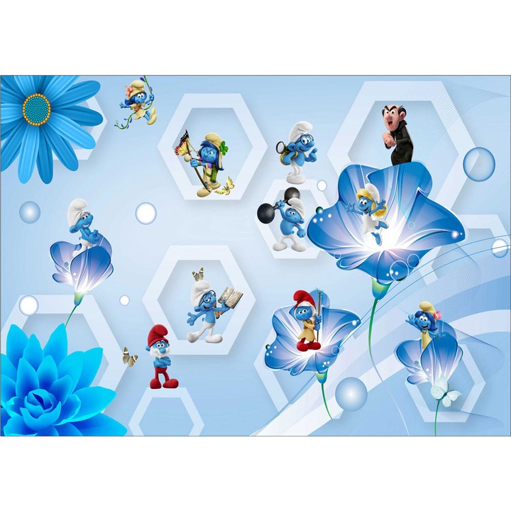 Fototapet copii Strumfii Albastru, autoadeziv, multicolor, 250 x 400 cm