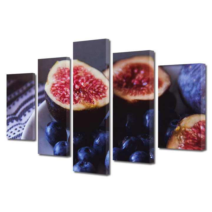 Set Tablouri Multicanvas 5 piese, Art Star, Curmale si afine in farfuria mov, Culinar, Panza pe cadru de lemn, Decoratiuni Moderne pentru Casa, 60 x 100 cm