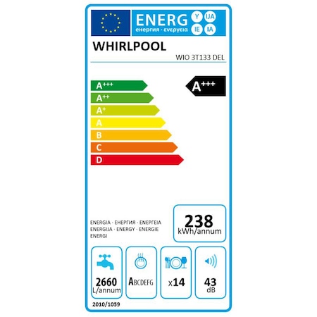 Masina de spalat vase incorporabila Whirlpool WIO 3T133 DEL, 14 seturi, 10 programe, Clasa D, Tehnologia Al 6-lea Simt, Semnal luminos, Motor invertor, 60 cm