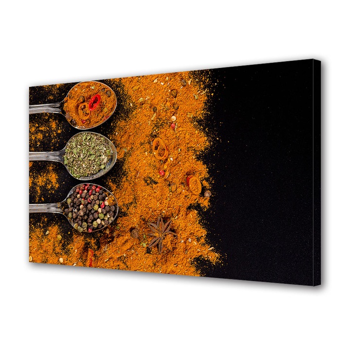 Tablou Canvas Premium, Art Star, Condimente in linguri pe masa neagra, Culinar, Panza pe cadru de lemn, Decoratiuni Moderne pentru Casa, 20 x 30 cm