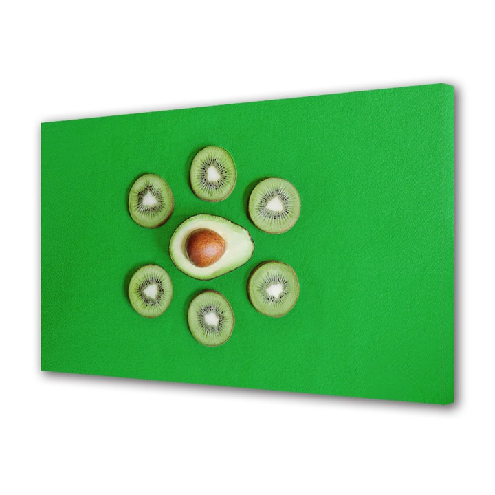 Tablou Canvas Fosforescent, Luminos in Intuneric, Premium, Art Star, Avocado cu kiwi pe fundal verde, Culinar, Panza pe cadru de lemn, Decoratiuni Moderne pentru Casa, 20 x 30 cm