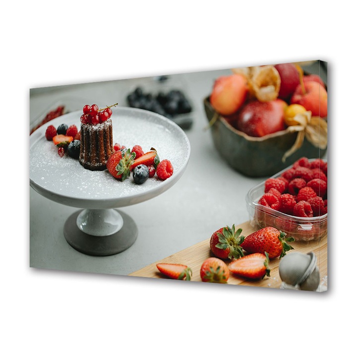 Tablou Canvas Fosforescent, Luminos in Intuneric, Premium, Art Star, Prajitra cu multe fructe in platou, Culinar, Panza pe cadru de lemn, Decoratiuni Moderne pentru Casa, 20 x 30 cm