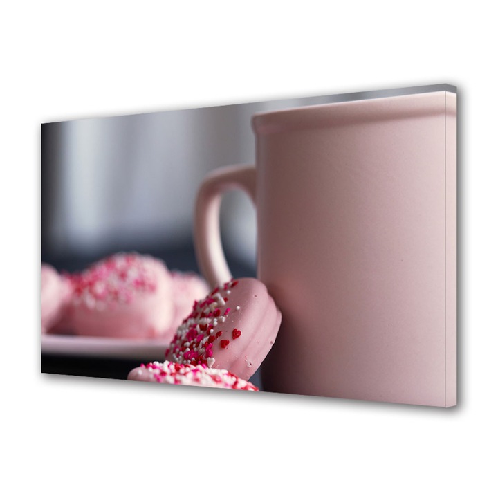 Tablou Canvas Fosforescent, Luminos in Intuneric, Premium, Art Star, Macarons roz asortate cu cana, Culinar, Panza pe cadru de lemn, Decoratiuni Moderne pentru Casa, 20 x 30 cm
