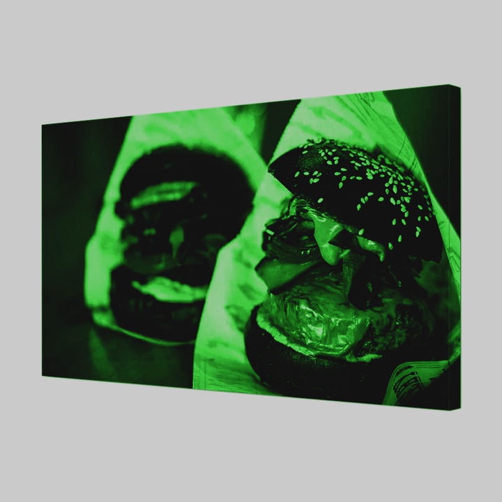 Tablou Canvas Fosforescent, Luminos in Intuneric, Premium, Art Star, Burgeri cu paine neagra, Culinar, Panza pe cadru de lemn, Decoratiuni Moderne pentru Casa, 20 x 30 cm