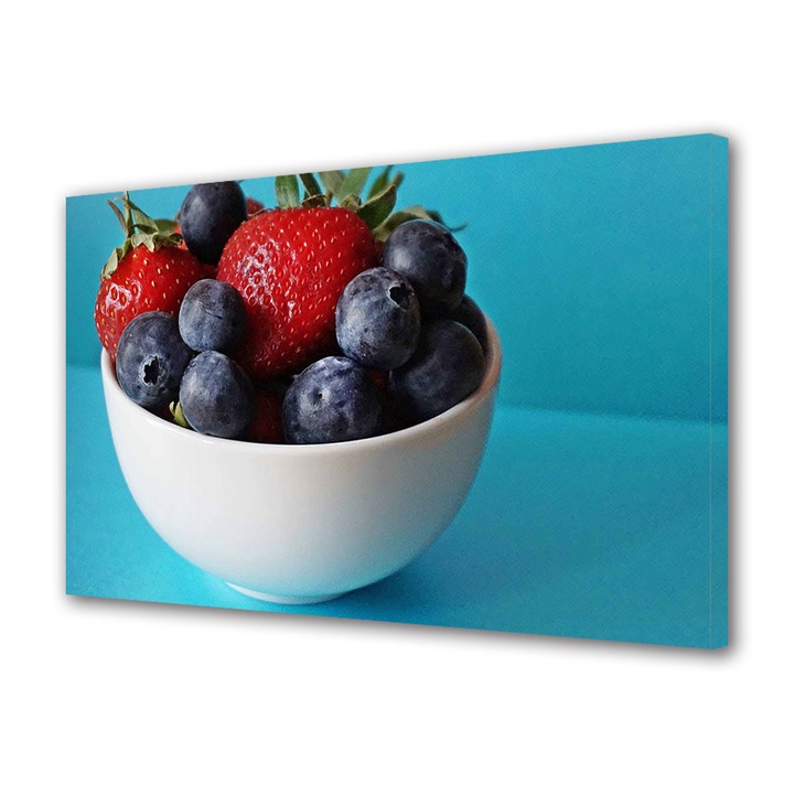 Tablou Canvas Premium, Art Star, Fructe in bolul alb pe fundal albastru, Culinar, Panza pe cadru de lemn, Decoratiuni Moderne pentru Casa, 20 x 30 cm