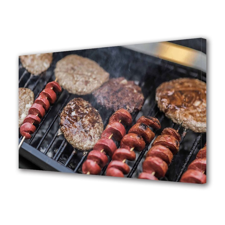 Tablou Canvas Premium, Art Star, Carnaciori si carne pentru burgeri pe gratar, Culinar, Panza pe cadru de lemn, Decoratiuni Moderne pentru Casa, 20 x 30 cm
