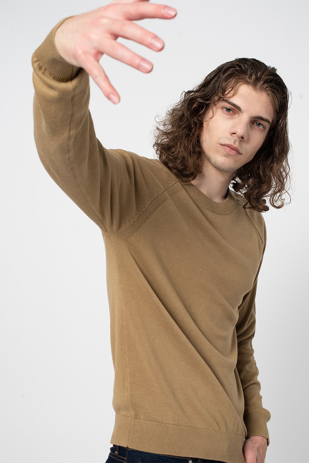 !Solid, Pulover din bumbac organic cu maneci raglan Luno, Maro camel