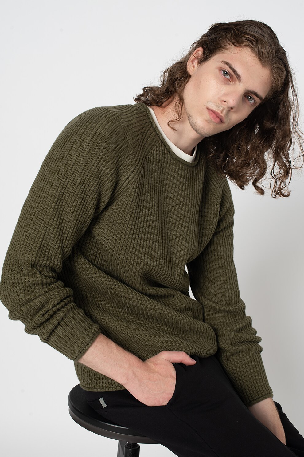 !Solid, Pulover de terry cu aspect striat, Verde