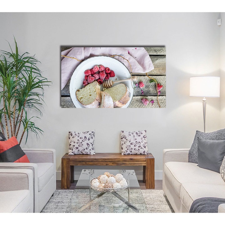 Tablou Canvas Premium, Art Star, Zmeura in farfurie, Culinar, Panza pe cadru de lemn, Decoratiuni Moderne pentru Casa, 80 x 140 cm