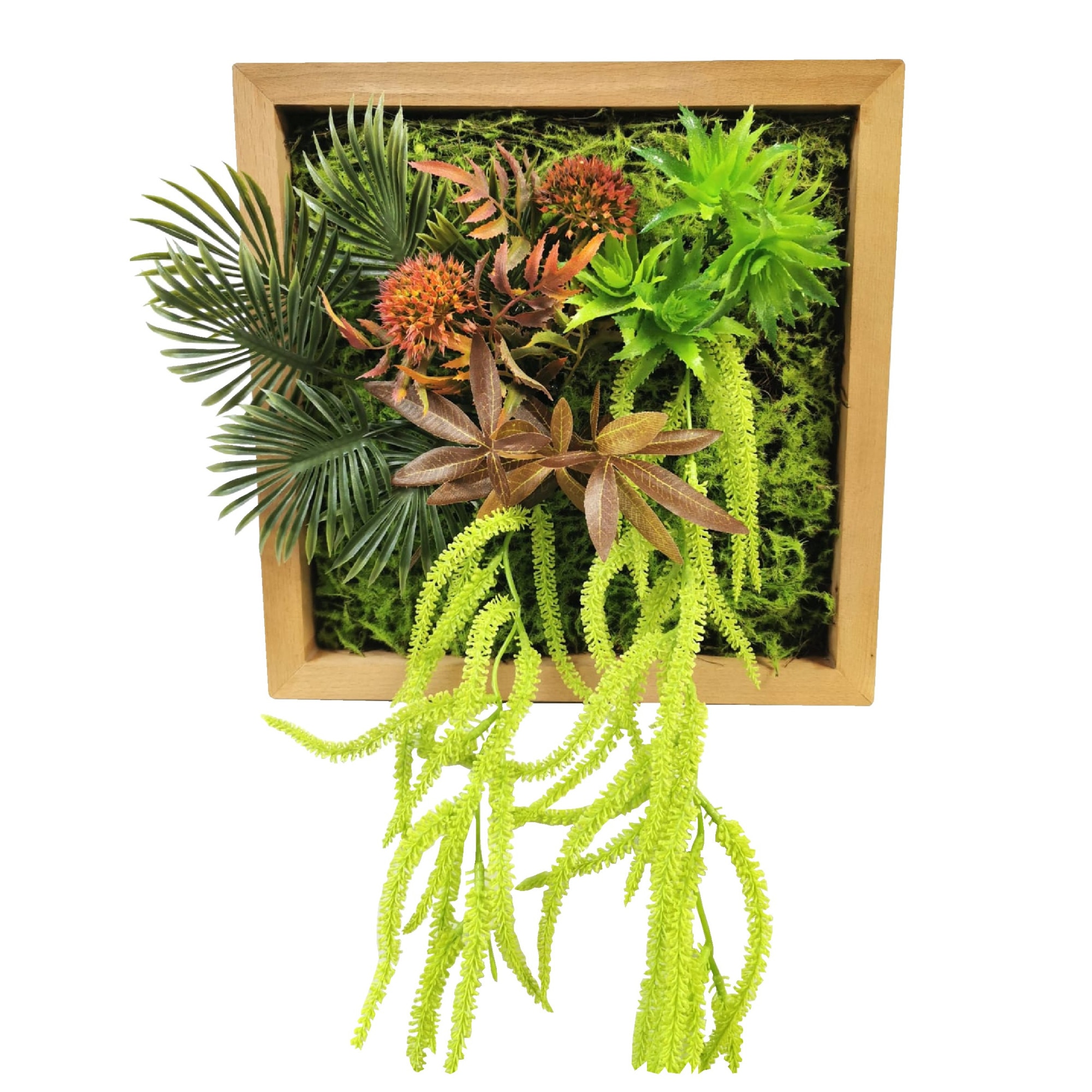 Tablou de lemn patrat verde intens cu plante artificiale, D art Flowers, 30x30 cm