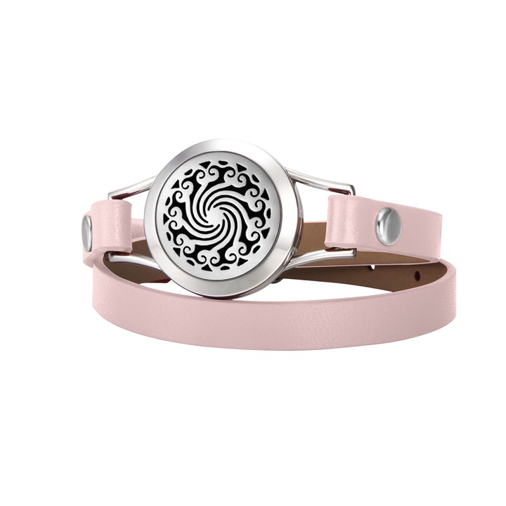 Bratara Aromaterapie, Ezera, difuzor pentru uleiuri esentiale, cu model Mandala Curea din Piele Ecologica, Dubla, Roz cu sclipici/Argintiu sclipicios, 32 cm