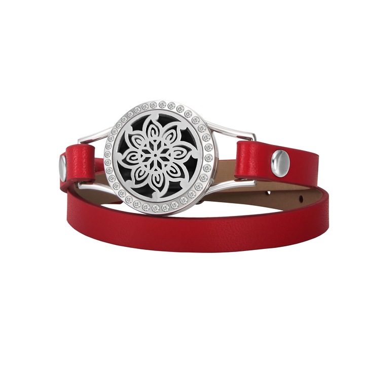 Ароматерапевтична гривна, Ezera, дифузер за етерични масла, с мандала цвете циркон, каишка от еко кожа, двойна, червено-сребриста