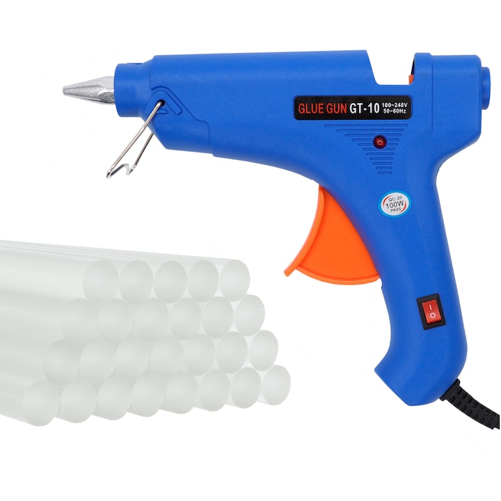 Set Complet Pistol de Lipit la Cald 100W cu Incalzire Rapida, Ideal pentru Bricolaj, Reparatii Auto, Ceramica, Lemn, Sticla, Textil, Inclusiv 26 Bare de Silicon Transparent de 20cm x 11mm, Solutie Multifunctionala pentru Casa si Atelier